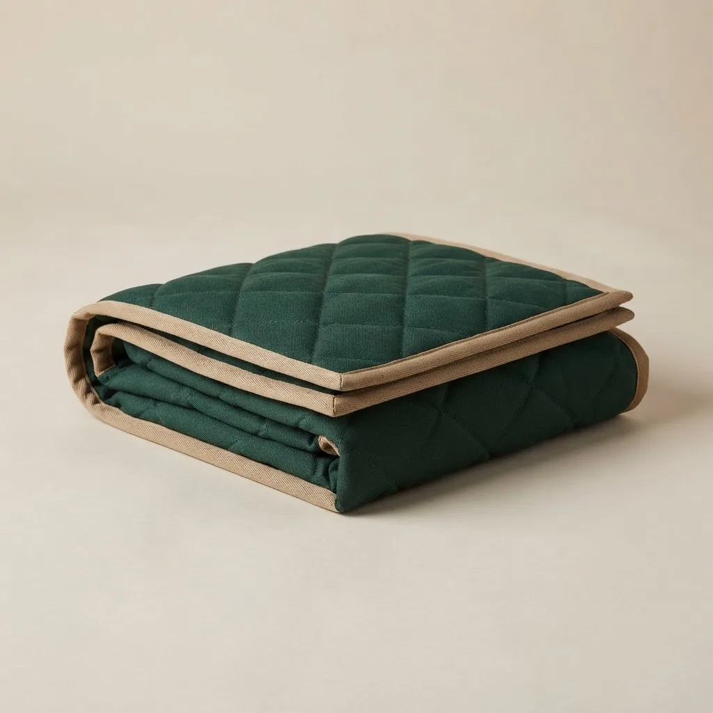Folded quilted horse stable blanket in forest green with tan trim