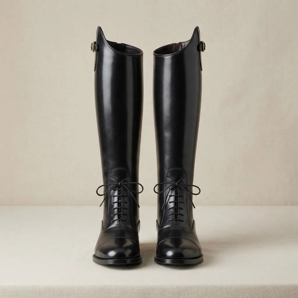 Tall polished black leather riding field boots