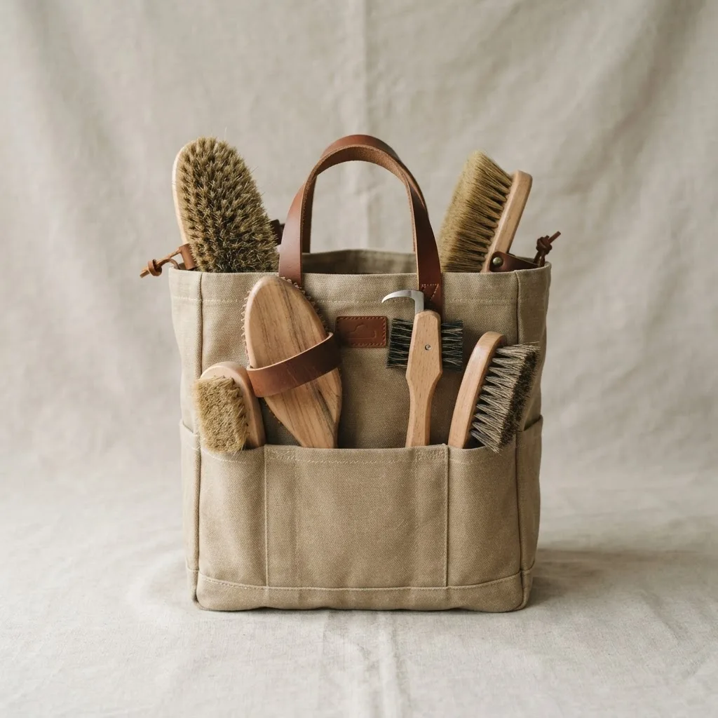 Horse grooming kit with wooden brushes and hoof pick in a canvas tote