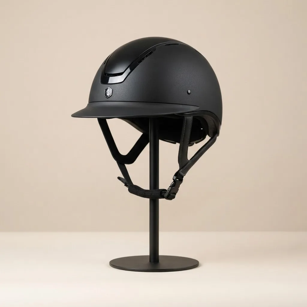 Matte black equestrian riding helmet on a stand