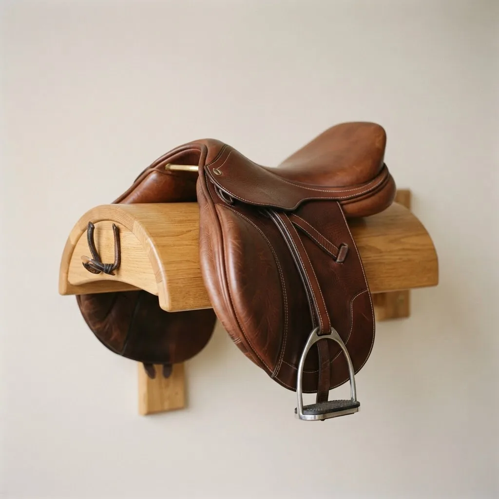 Classic brown leather English riding saddle on a wooden rack
