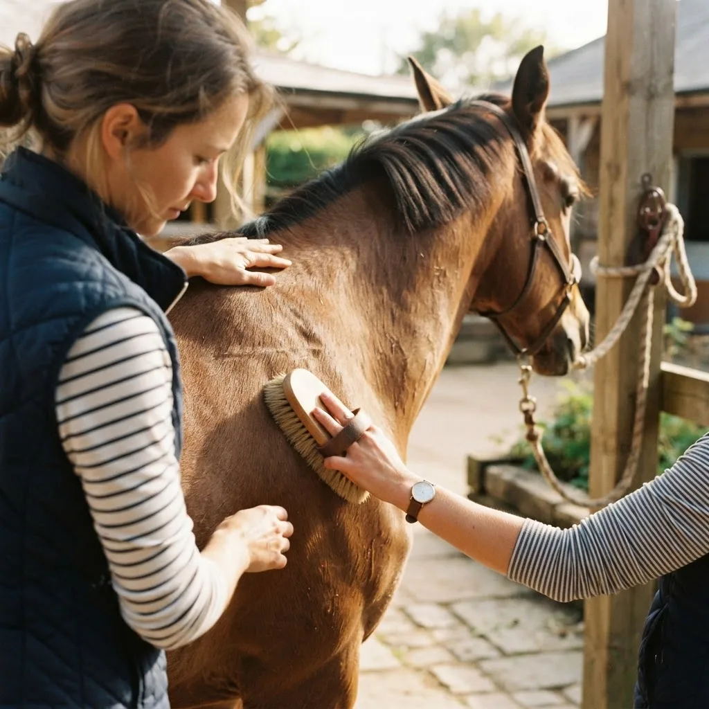 Hands gently grooming a horse's coat with a soft brush in a sunlit yard