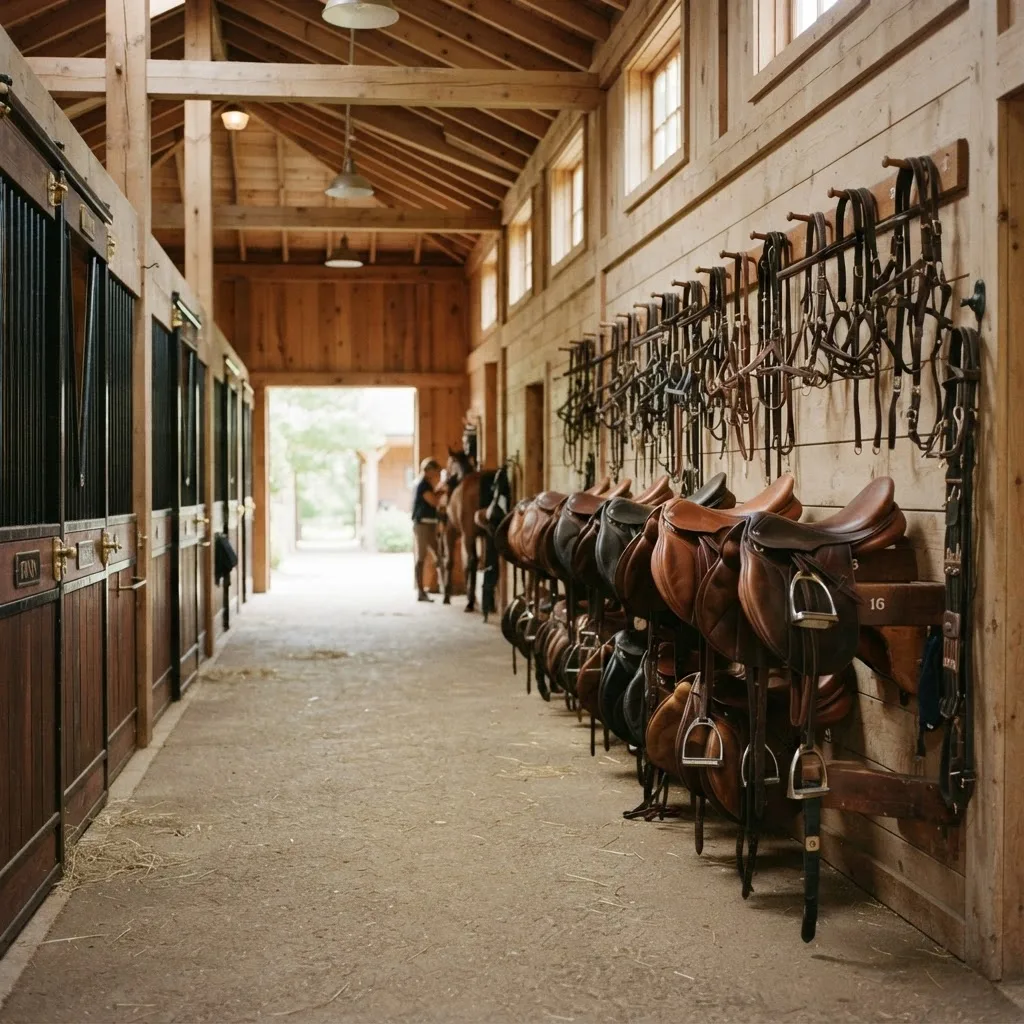 Rows of leather bridles and saddles hanging neatly in a wooden stable aisle